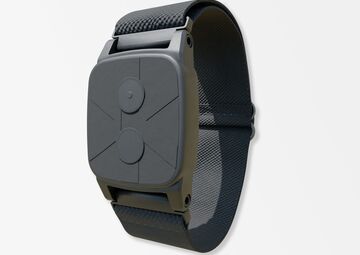Ansicht auf ein schwarzes Armband mit einem schwarzen Kästchen mit zwei Tasten
