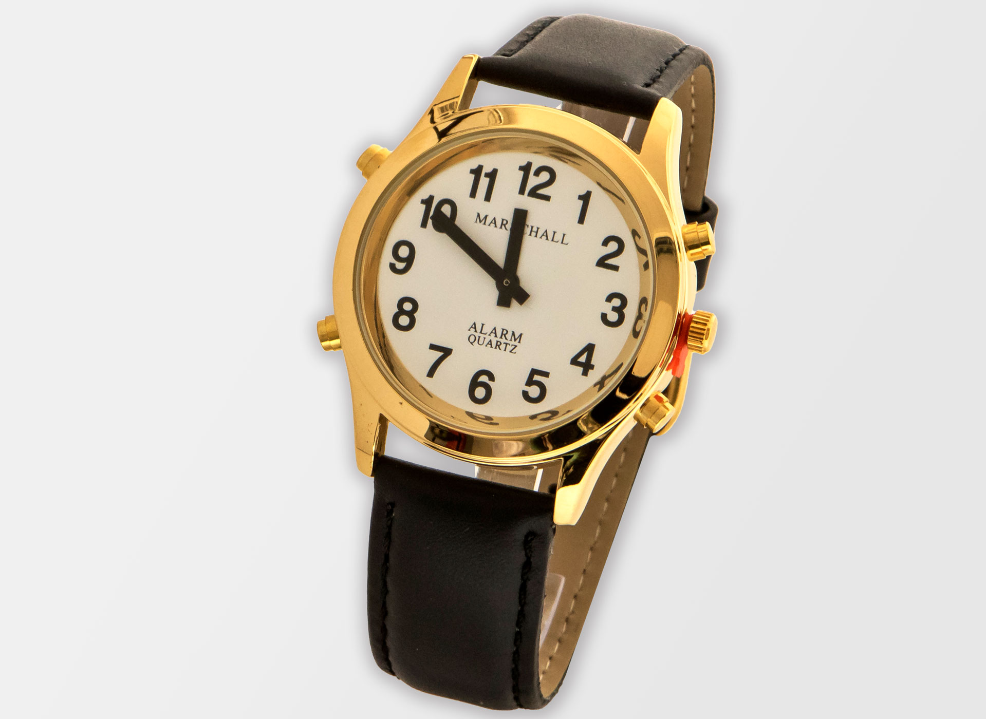 Ansicht auf die goldene Uhr mit Lederband.