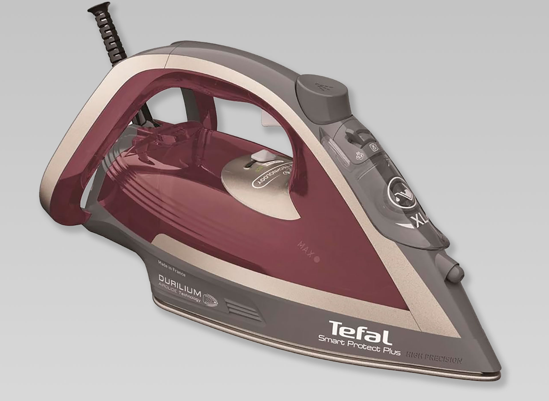 Ansicht auf ein Bügeleisen in den Farben lila und grau