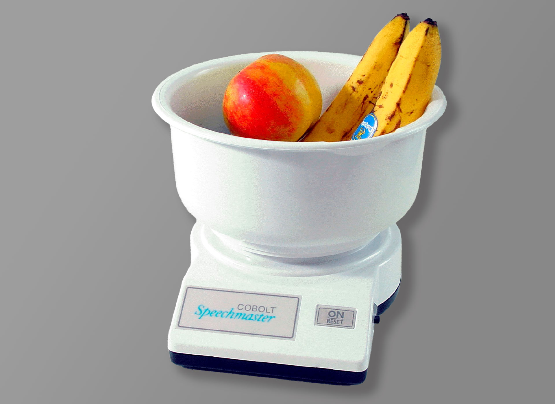 Ansicht auf die weiße Küchenwaage mit einer Schale.