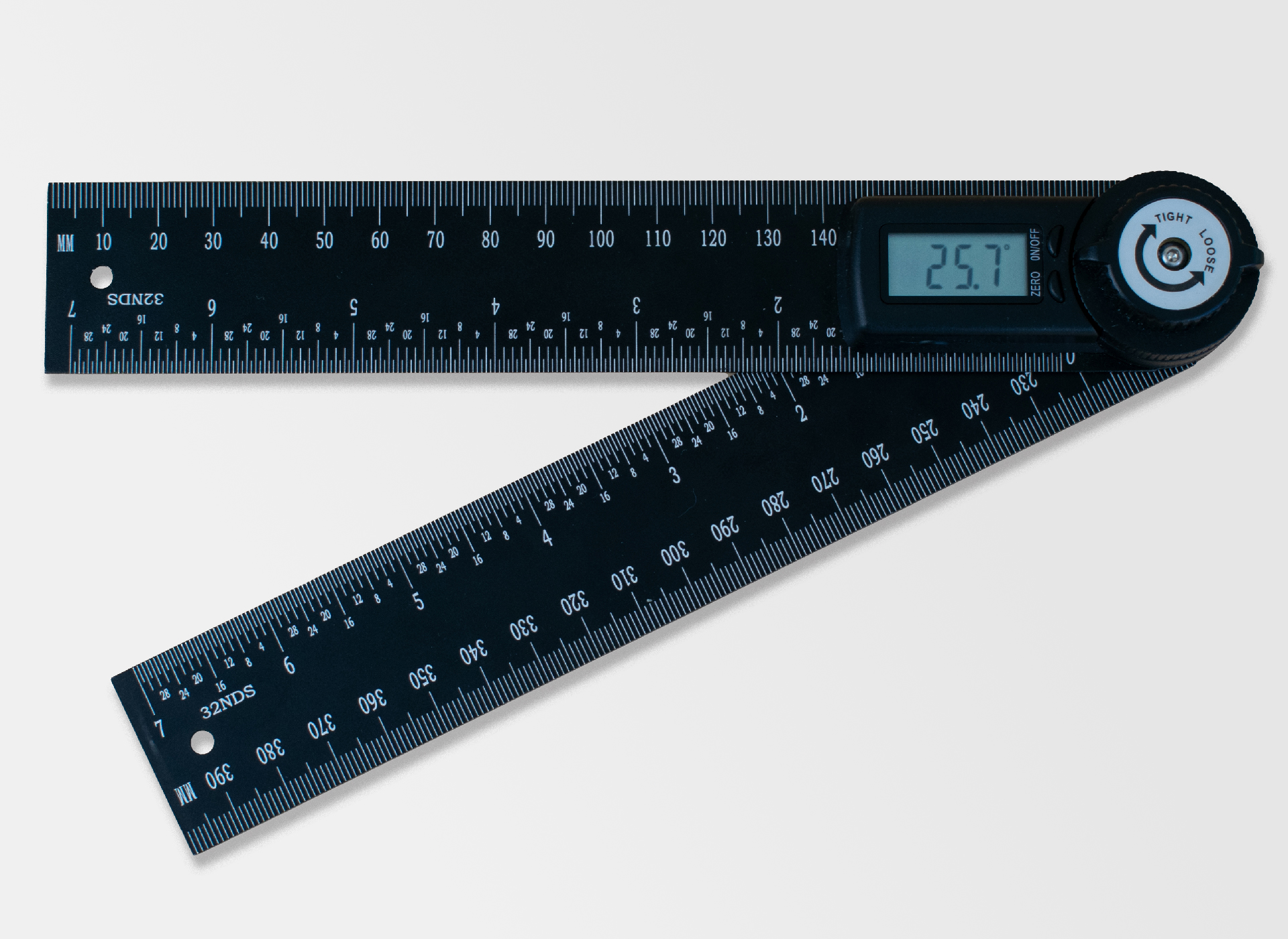 Ansicht auf einen digitalen Winkelmesser in der  Farbe Schwarz